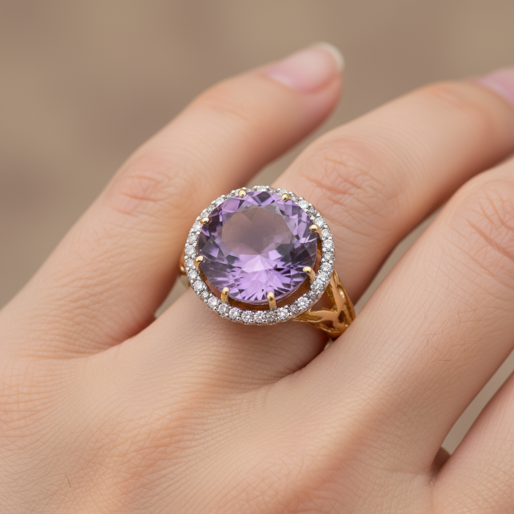 Glamorous Amethyst & Diamond Yellow Gold Ring