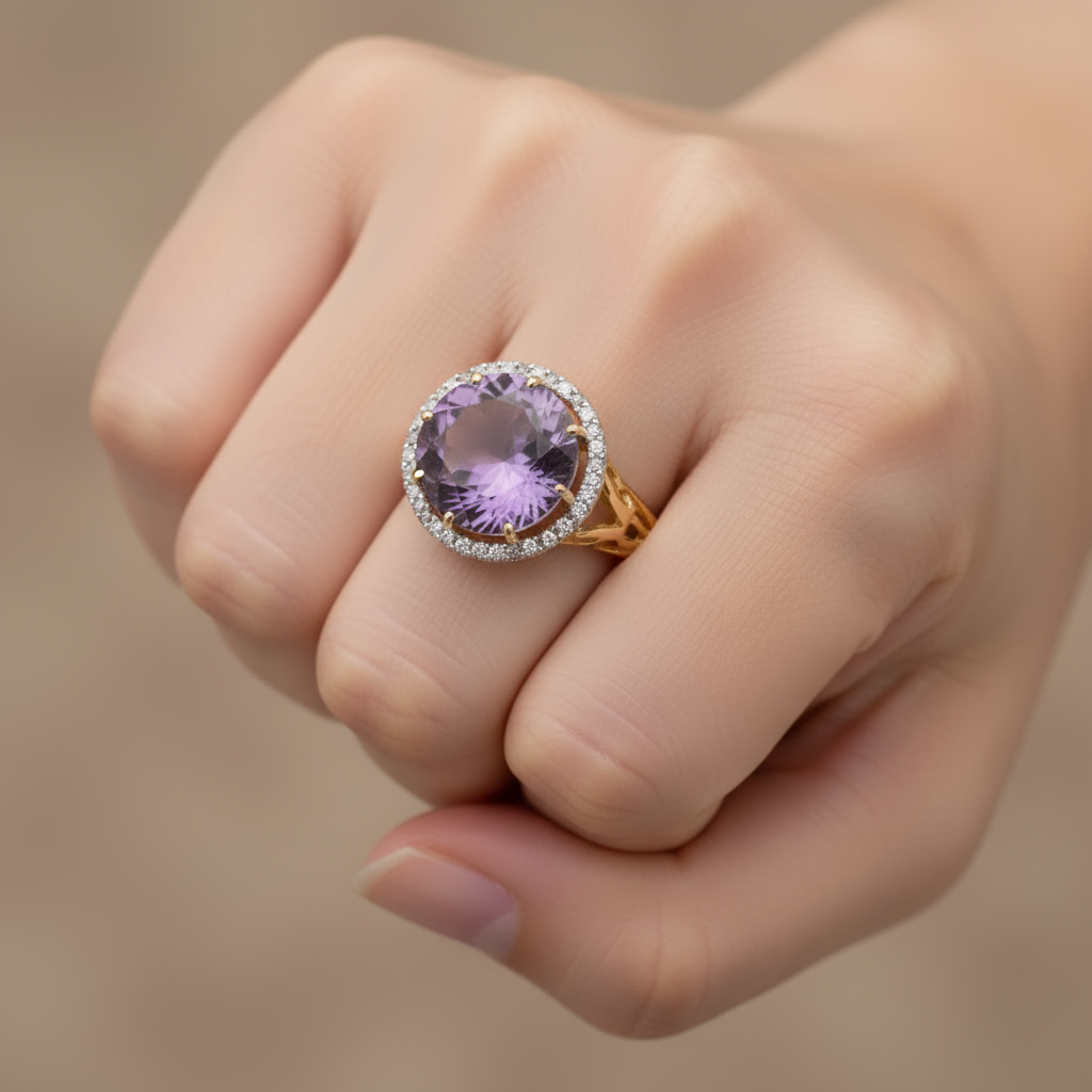 Glamorous Amethyst & Diamond Yellow Gold Ring