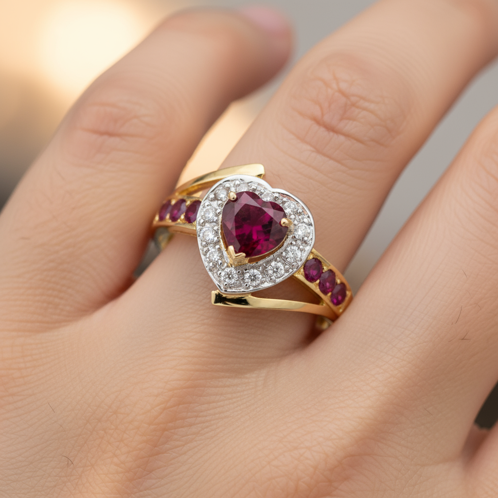 Lovely Ruby & Diamond Heart Ring in Yellow Gold