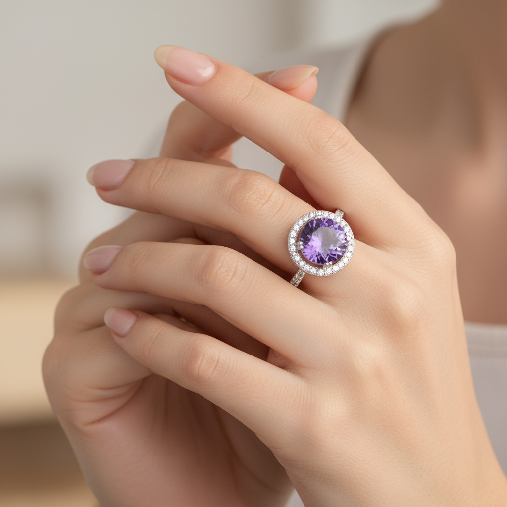 Radiant Amethyst Halo Ring