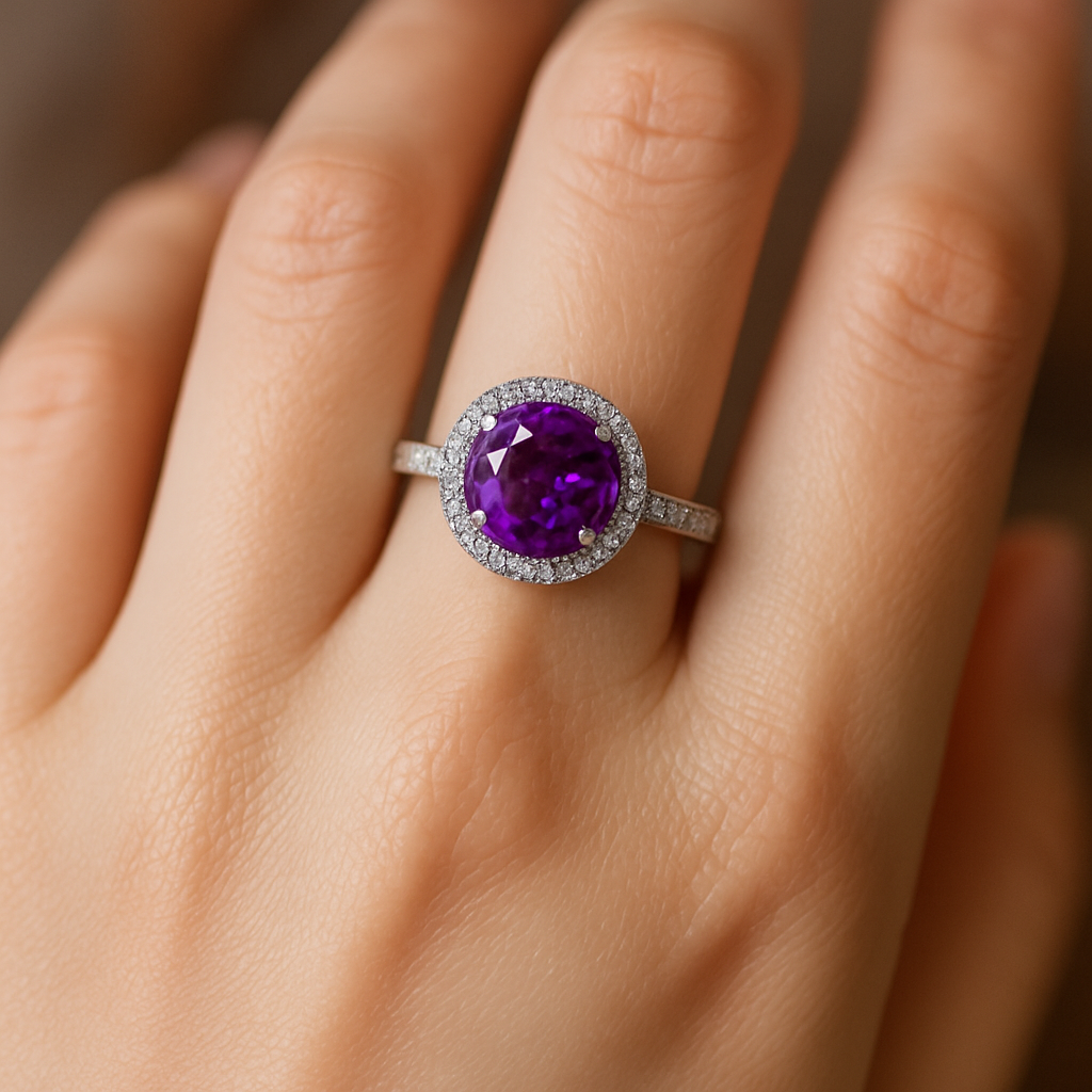 Radiant Amethyst Halo Ring