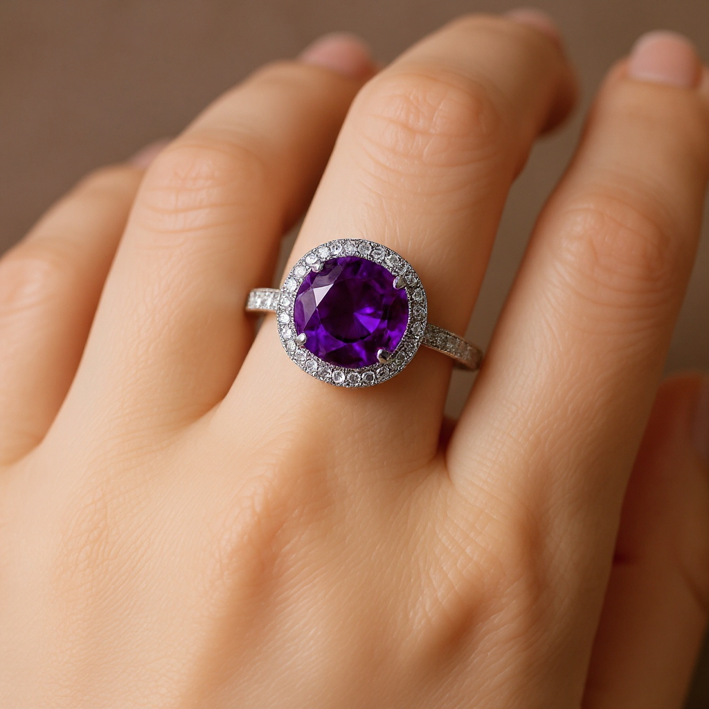 Radiant Amethyst Halo Ring