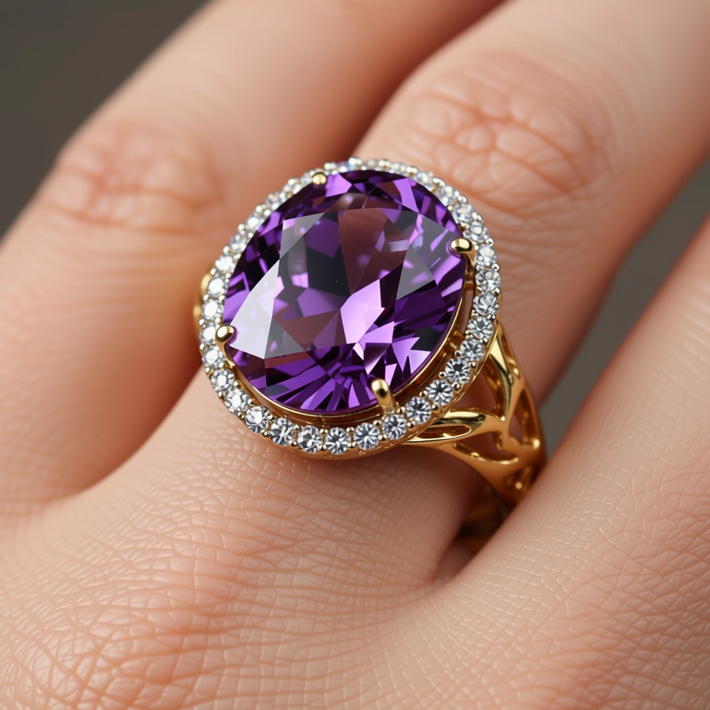 Glamorous Amethyst & Diamond Yellow Gold Ring