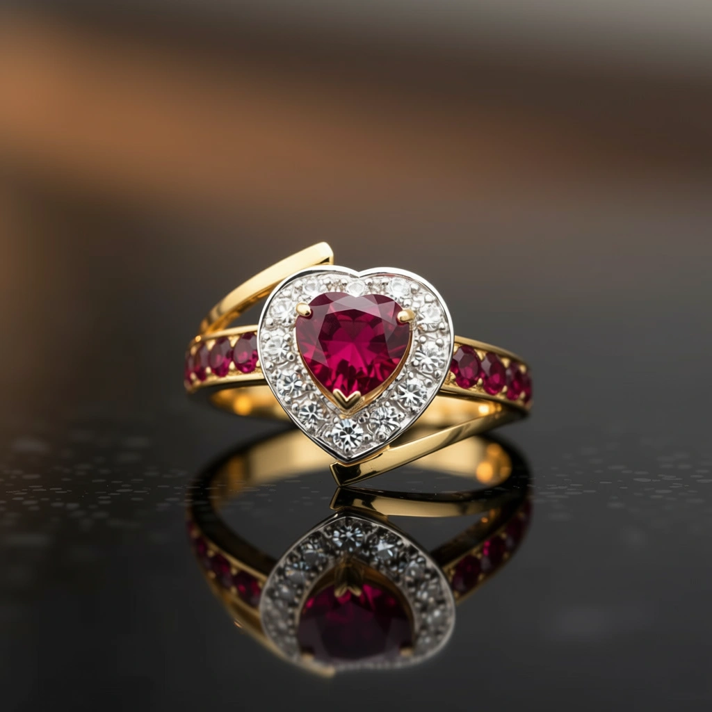 Lovely Ruby & Diamond Heart Ring in Yellow Gold